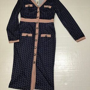 CBR Ladies Long Sleeve Button Down Allover Print Sheath Knit Dress NWT M